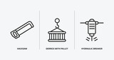 construction outline icons set. construction icons such as hacksaw, derrick with pallet, hydraulic breaker vector. can be used web and mobile.