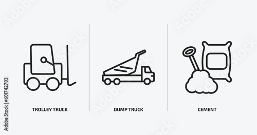 construction outline icons set. construction icons such as trolley truck, dump truck, cement vector. can be used web and mobile.