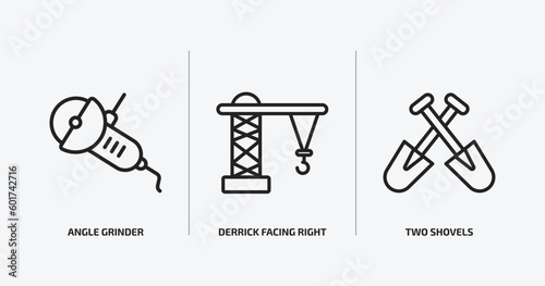construction outline icons set. construction icons such as angle grinder, derrick facing right, two shovels vector. can be used web and mobile.