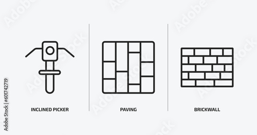 construction outline icons set. construction icons such as inclined picker, paving, brickwall vector. can be used web and mobile.