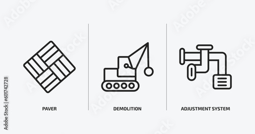 construction outline icons set. construction icons such as paver, demolition, adjustment system vector. can be used web and mobile.