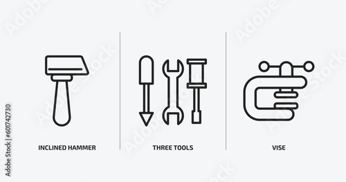 construction outline icons set. construction icons such as inclined hammer, three tools, vise vector. can be used web and mobile.