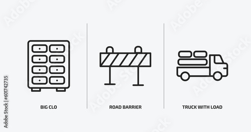 construction outline icons set. construction icons such as big clo, road barrier, truck with load vector. can be used web and mobile.
