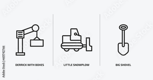 construction outline icons set. construction icons such as derrick with boxes, little snowplow, big shovel vector. can be used web and mobile.