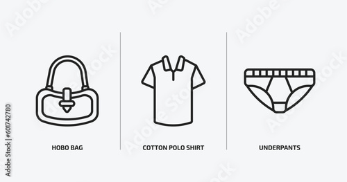 clothes outline icons set. clothes icons such as hobo bag, cotton polo shirt, underpants vector. can be used web and mobile.
