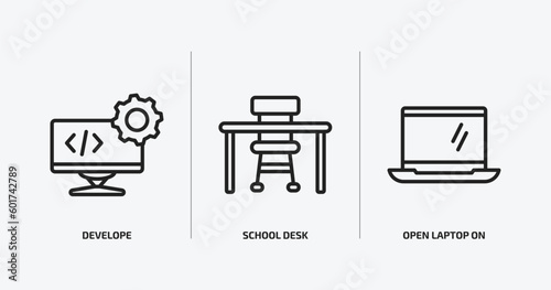 computer outline icons set. computer icons such as develope, school desk, open laptop on vector. can be used web and mobile.