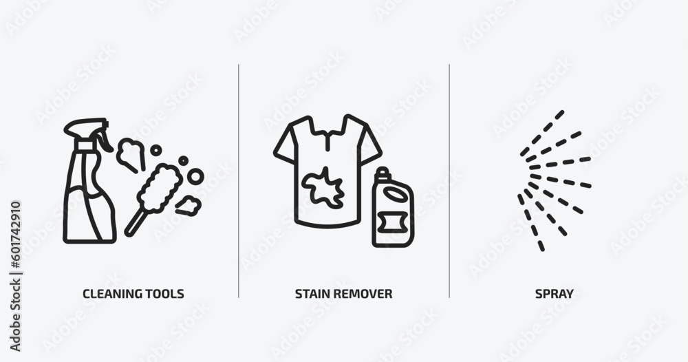 cleaning outline icons set. cleaning icons such as cleaning tools, stain remover, spray vector. can be used web and mobile. cleaning outline icons set. cleaning icons such as cleaning tools, stain remover, spray vector. can be used web and mobile.