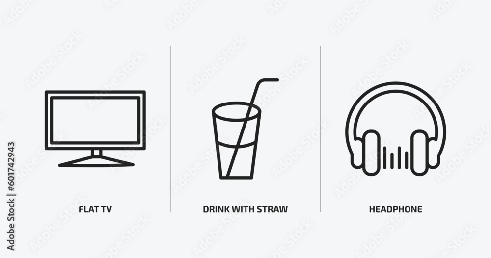 cinema outline icons set. cinema icons such as flat tv, drink with straw, headphone vector. can be used web and mobile. cinema outline icons set. cinema icons such as flat tv, drink with straw, headphone vector. can be used web and mobile.