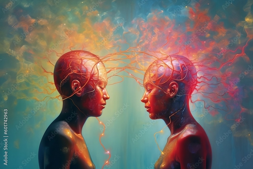 Illustration, two people connecting. Concept for telepathy, mind-reading, empathy, communication. Generative AI - obrazy, fototapety, plakaty 