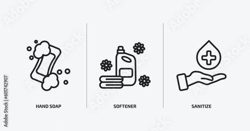 cleaning outline icons set. cleaning icons such as hand soap, softener, sanitize vector. can be used web and mobile.