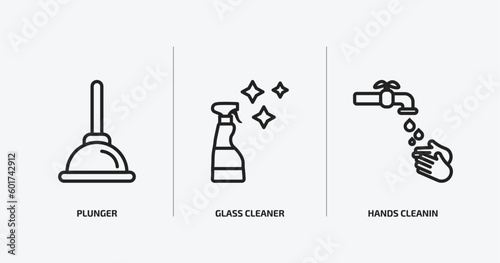 cleaning outline icons set. cleaning icons such as plunger, glass cleaner, hands cleanin vector. can be used web and mobile.