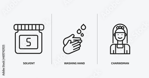 cleaning outline icons set. cleaning icons such as solvent, washing hand, charwoman vector. can be used web and mobile.