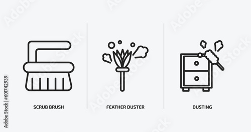 cleaning outline icons set. cleaning icons such as scrub brush, feather duster, dusting vector. can be used web and mobile.