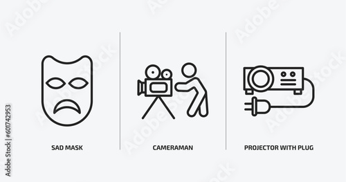 cinema outline icons set. cinema icons such as sad mask, cameraman, projector with plug vector. can be used web and mobile.