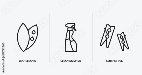 cleaning outline icons set. cleaning icons such as leaf cleanin, cleaning spray, clothes peg vector. can be used web and mobile.