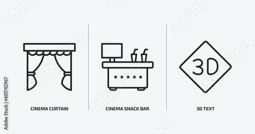 cinema outline icons set. cinema icons such as cinema curtain, snack bar, 3d text vector. can be used web and mobile.