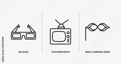 cinema outline icons set. cinema icons such as 3d glass, television with antenna, small carnival mask vector. can be used web and mobile.
