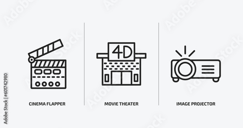 cinema outline icons set. cinema icons such as cinema flapper, movie theater, image projector vector. can be used web and mobile.