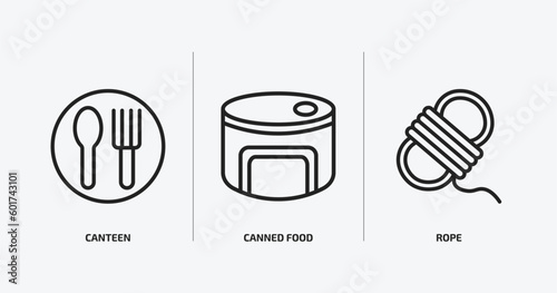 camping outline icons set. camping icons such as canteen, canned food, rope vector. can be used web and mobile.