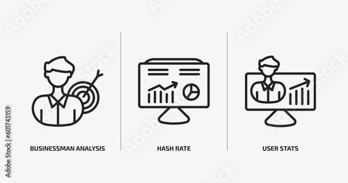 business and analytics outline icons set. business and analytics icons such as businessman analysis, hash rate, user stats vector. can be used web and mobile.