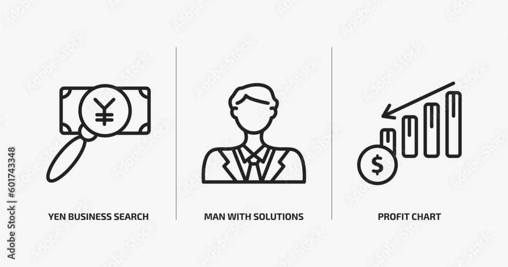 business outline icons set. business icons such as yen business search, man with solutions, profit chart vector. can be used web and mobile. business outline icons set. business icons such as yen business search, man with solutions, profit chart vector. can be used web and mobile.