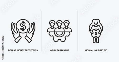 business outline icons set. business icons such as dollar money protection  work parteners  woman holding big coin vector. can be used web and mobile.