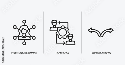 business outline icons set. business icons such as multitasking woman, rearrange, two way arrows vector. can be used web and mobile.