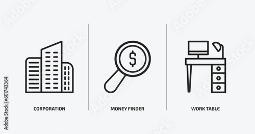 business outline icons set. business icons such as corporation, money finder, work table vector. can be used web and mobile.