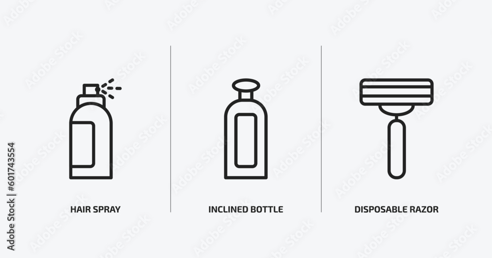 beauty outline icons set. beauty icons such as hair spray, inclined bottle, disposable razor vector. can be used web and mobile. beauty outline icons set. beauty icons such as hair spray, inclined bottle, disposable razor vector. can be used web and mobile.