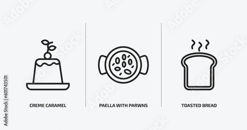 bistro and restaurant outline icons set. bistro and restaurant icons such as creme caramel, paella with parwns, toasted bread vector. can be used web and mobile.