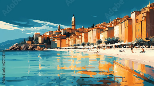 Illustration of beautiful view of Menton, France photo