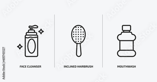 beauty outline icons set. beauty icons such as face cleanser, inclined hairbrush, mouthwash vector. can be used web and mobile.