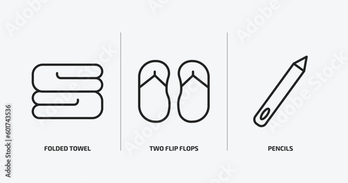 beauty outline icons set. beauty icons such as folded towel, two flip flops, pencils vector. can be used web and mobile.