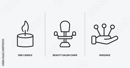 beauty outline icons set. beauty icons such as one candle, beauty salon chair, massage vector. can be used web and mobile.