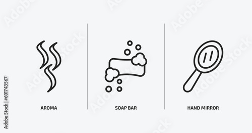 beauty outline icons set. beauty icons such as aroma, soap bar, hand mirror vector. can be used web and mobile.