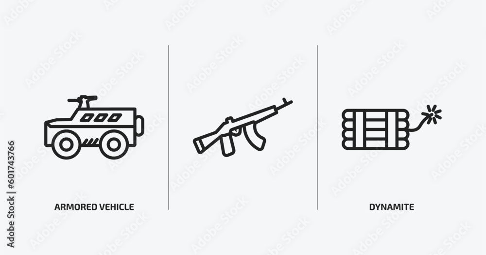 army and war outline icons set. army and war icons such as armored vehicle, , dynamite vector. can be used web and mobile.