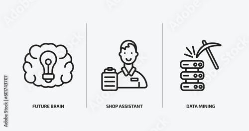 artificial intellegence outline icons set. artificial intellegence icons such as future brain, shop assistant, data mining vector. can be used web and mobile.