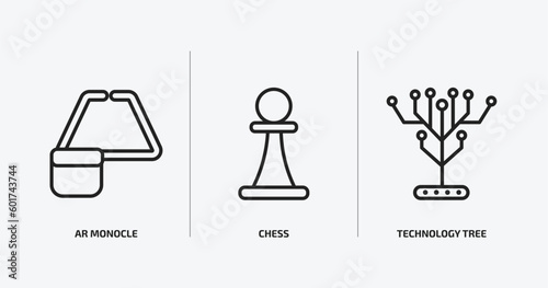 artificial intellegence outline icons set. artificial intellegence icons such as ar monocle, chess, technology tree vector. can be used web and mobile.