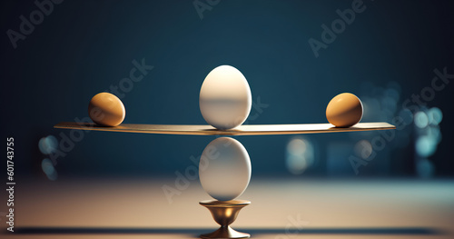 Golden scale with two eggs on top of it, symbolizing balance and justice. Generative ai photo