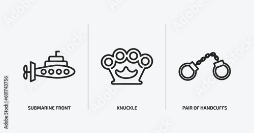 army and war outline icons set. army and war icons such as submarine front view, knuckle, pair of handcuffs vector. can be used web and mobile.