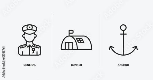 army and war outline icons set. army and war icons such as general, bunker, anchor vector. can be used web and mobile.
