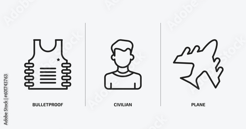 army and war outline icons set. army and war icons such as bulletproof, civilian, plane vector. can be used web and mobile.
