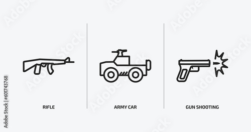 army and war outline icons set. army and war icons such as rifle, army car, gun shooting vector. can be used web and mobile.