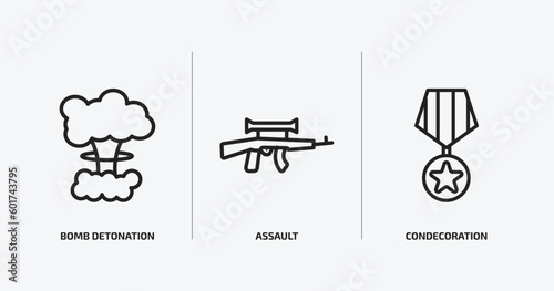 army and war outline icons set. army and war icons such as bomb detonation, assault, condecoration vector. can be used web and mobile. © Farahim