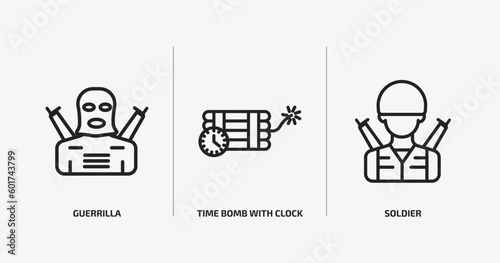 army and war outline icons set. army and war icons such as guerrilla, time bomb with clock, soldier vector. can be used web and mobile.