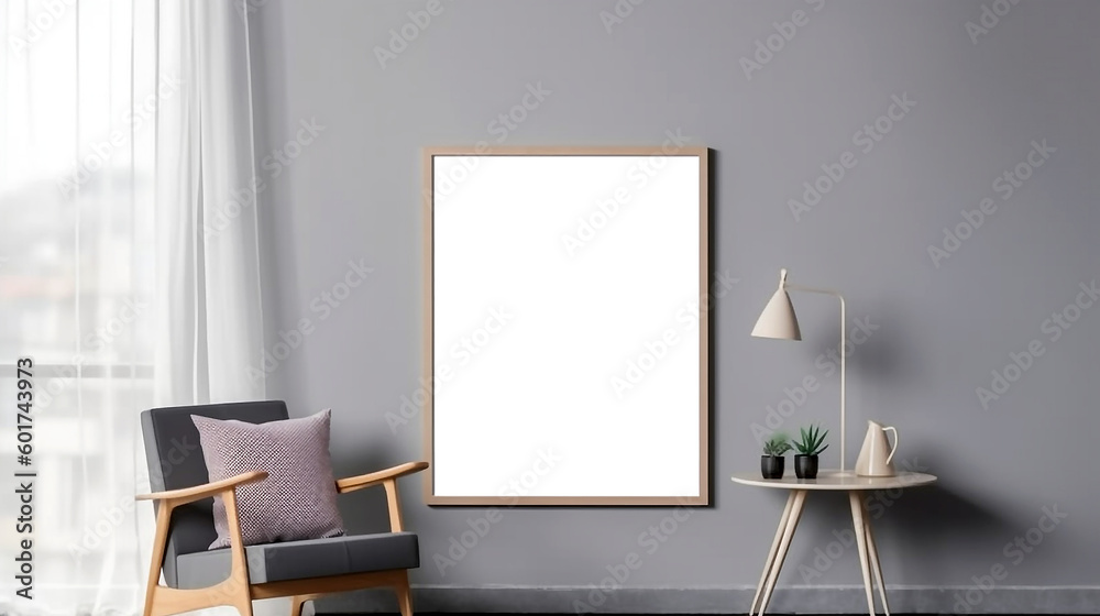 Blank wooden picture frame mockup on wall in modern interior. Vertical artwork template mock up for artwork, painting, photo or poster in interior design with Generative AI technology Blank wooden picture frame mockup on wall in modern interior. Vertical artwork template mock up for artwork, painting, photo or poster in interior design with Generative AI technology