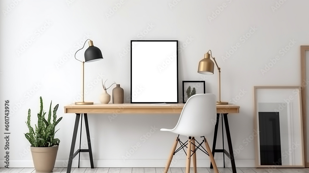 Blank wooden picture frame mockup on wall in modern interior. Vertical artwork template mock up for artwork, painting, photo or poster in interior design with Generative AI technology Blank wooden picture frame mockup on wall in modern interior. Vertical artwork template mock up for artwork, painting, photo or poster in interior design with Generative AI technology