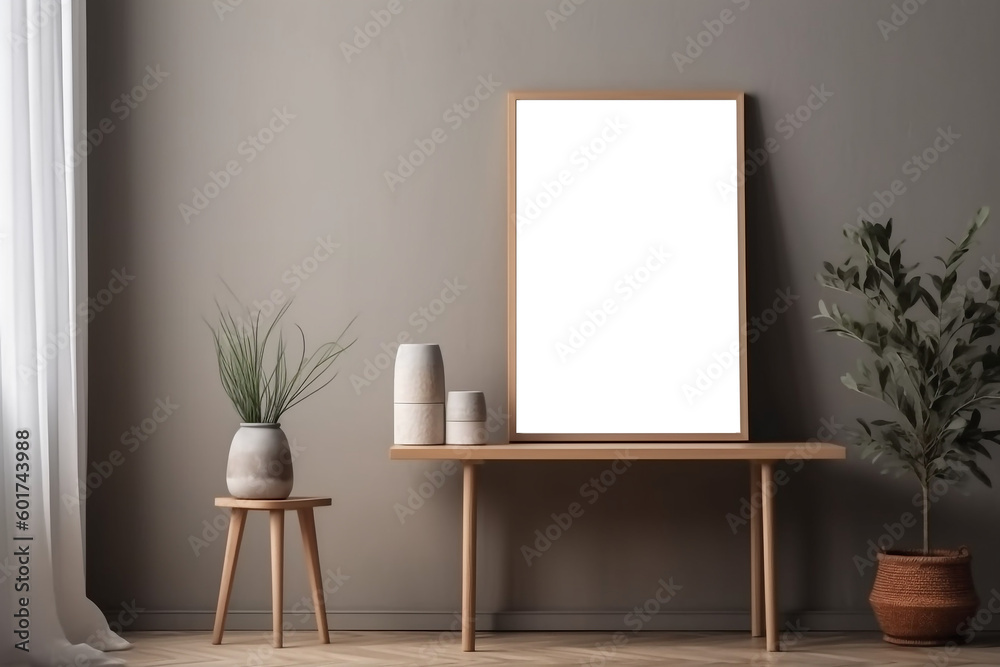 Blank wooden picture frame mockup on wall in modern interior. Vertical artwork template mock up for artwork, painting, photo or poster in interior design with Generative AI technology Blank wooden picture frame mockup on wall in modern interior. Vertical artwork template mock up for artwork, painting, photo or poster in interior design with Generative AI technology