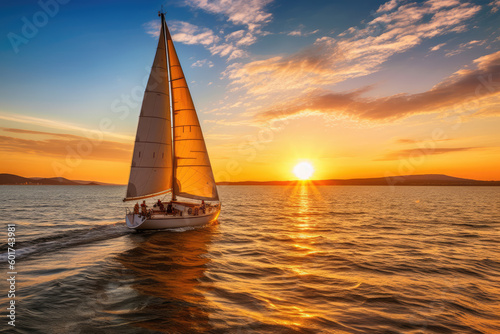 a sailboat on a calm sea with the sun setting in the background - Generative AI