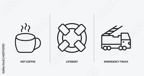 airport terminal outline icons set. airport terminal icons such as hot coffee, lifeboat, emergency truck vector. can be used web and mobile.